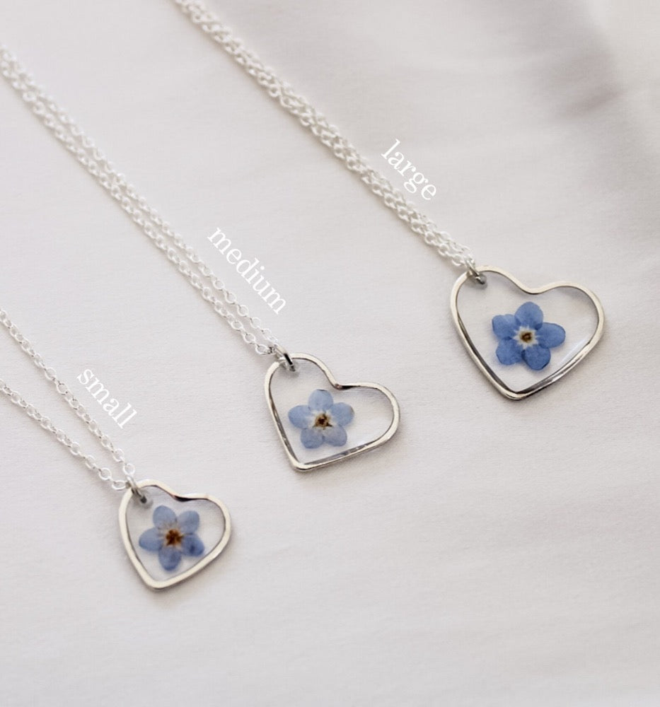 Silver Heart Resin Necklace | Pressed Forget-Me-Not Wildflower Jewelry