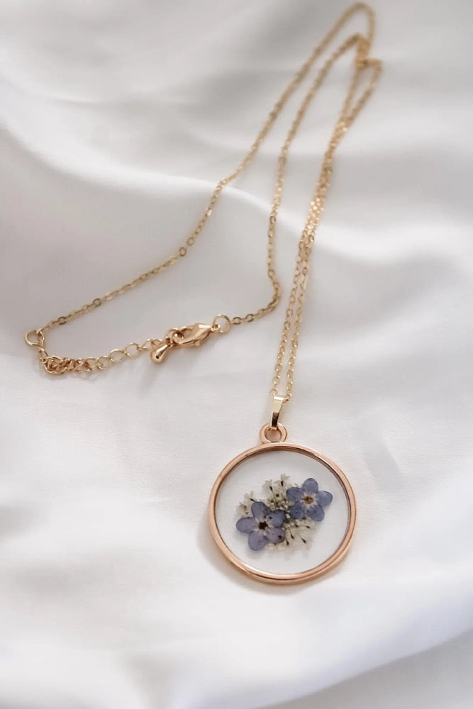 Pressed Wildflower Necklace | Forget-Me-Not & Queen Anne's Lace Resin Pendant
