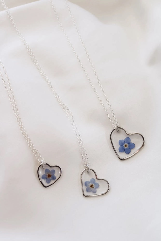 Silver Heart Resin Necklace | Pressed Forget-Me-Not Wildflower Jewelry