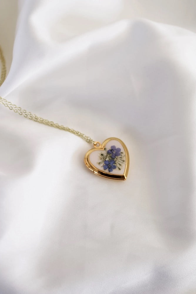Forget-Me-Not Locket Necklace | Resin Heart, Dried Wildflower Jewelry