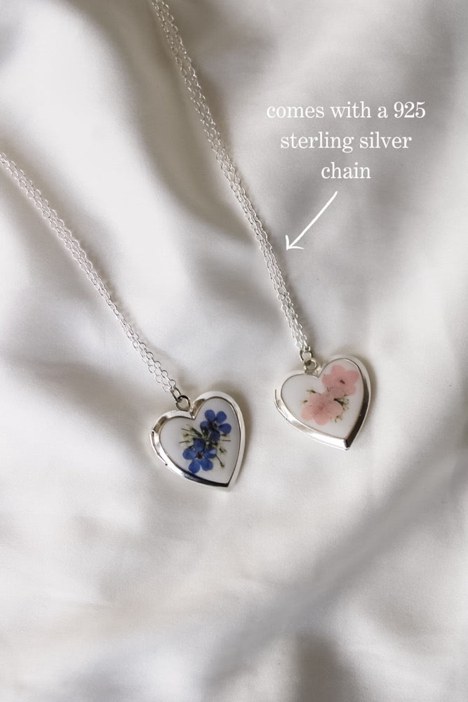 Silver Heart Photo Locket Necklace | Forget-Me-Not Resin Pressed Flower Jewelry
