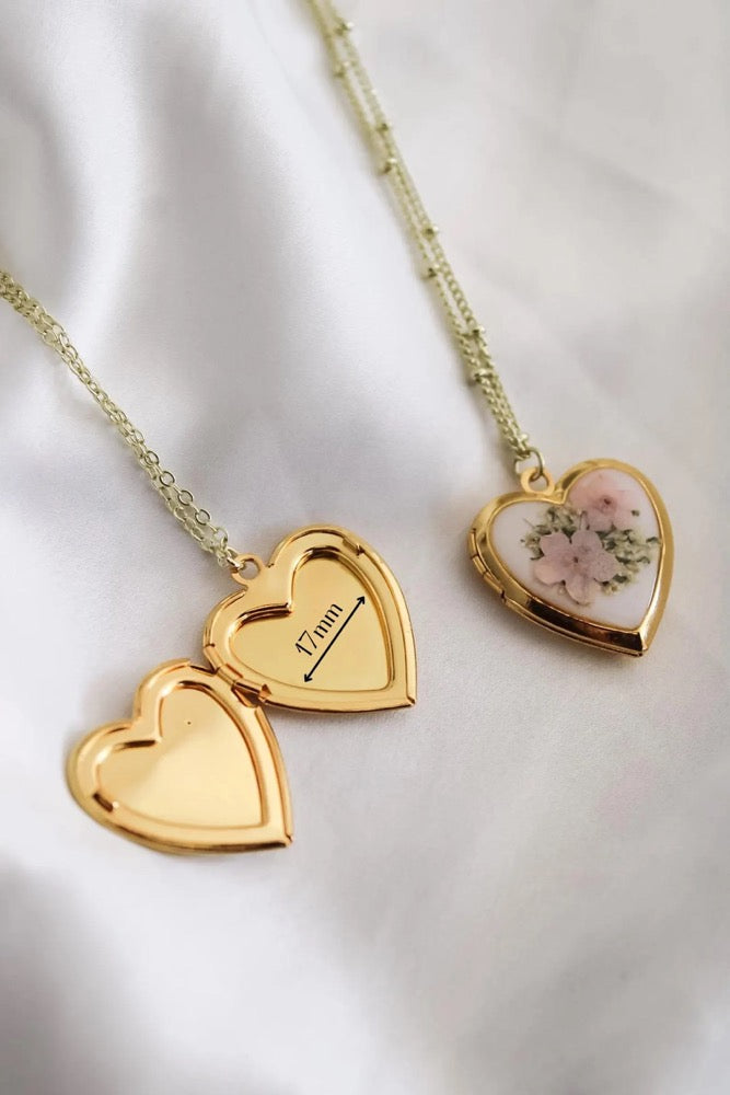 Forget-Me-Not Locket Necklace | Resin Heart, Dried Wildflower Jewelry