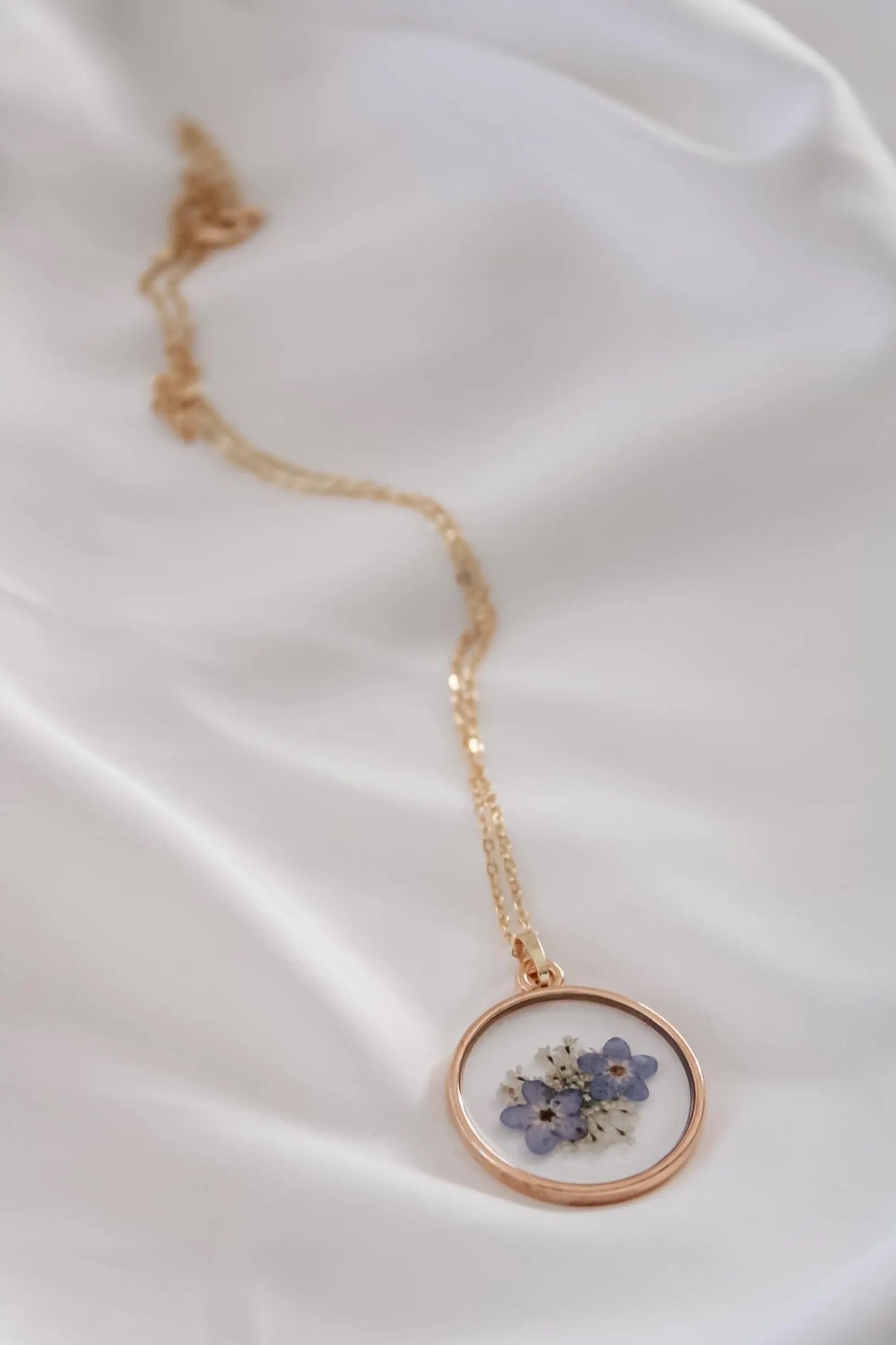 Pressed Wildflower Necklace | Forget-Me-Not & Queen Anne's Lace Resin Pendant