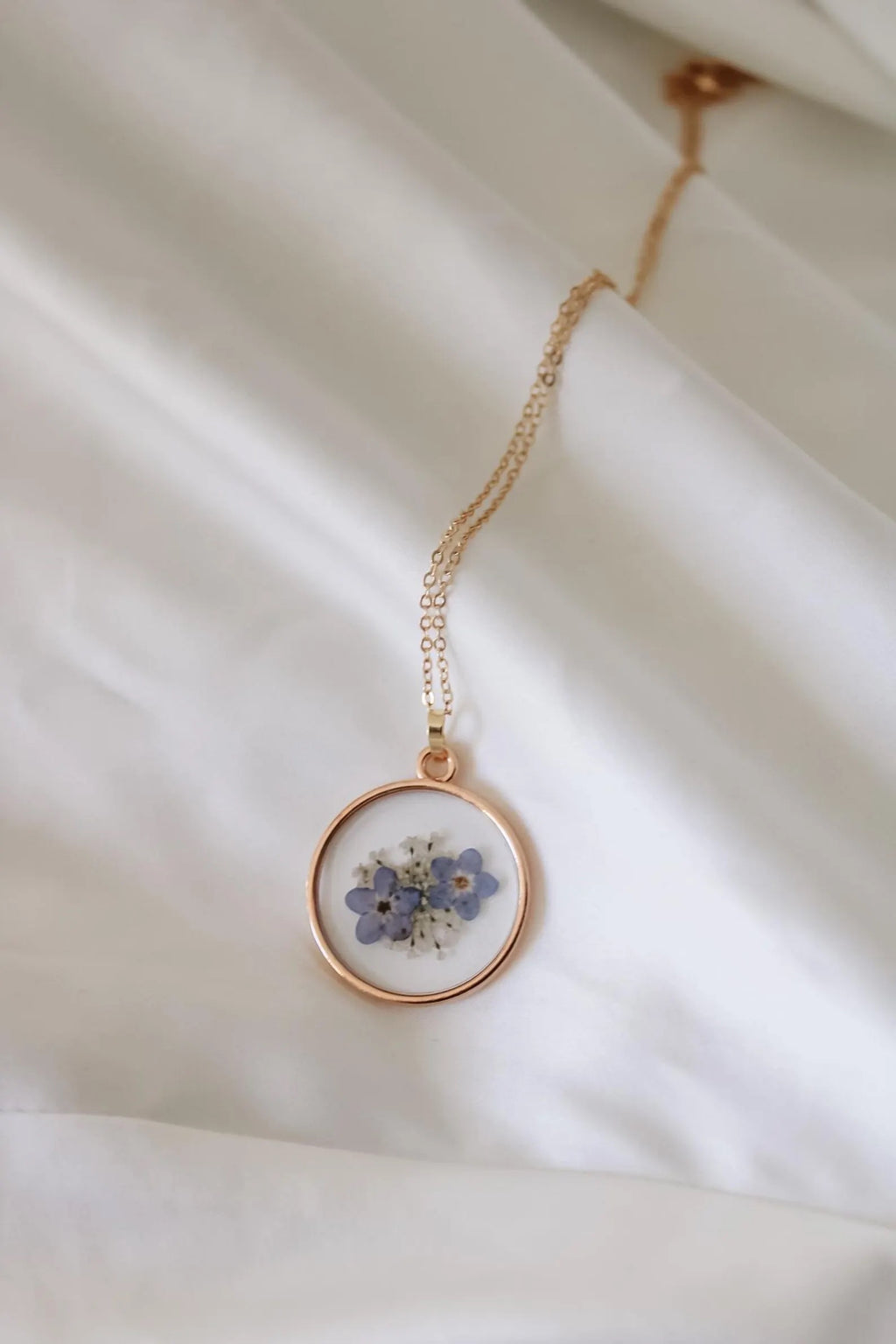 Pressed Wildflower Necklace | Forget-Me-Not & Queen Anne's Lace Resin Pendant