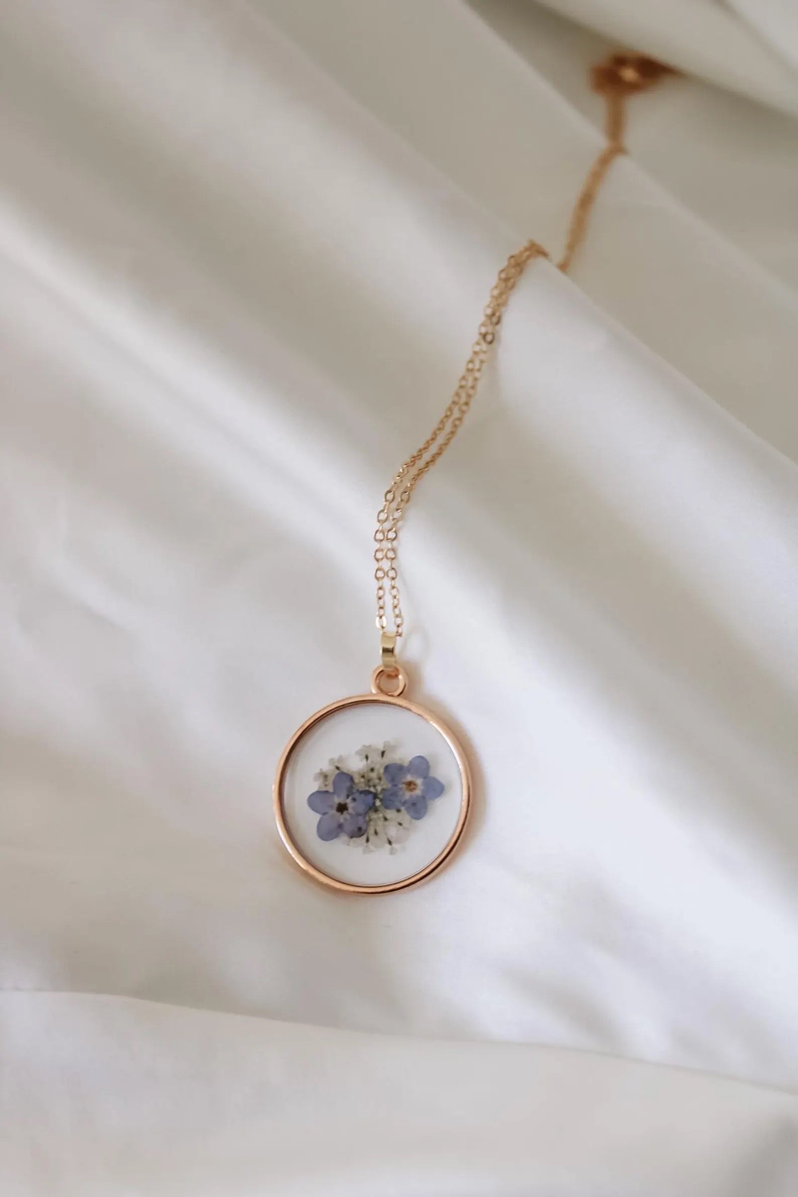 Pressed Wildflower Necklace | Forget-Me-Not & Queen Anne's Lace Resin Pendant