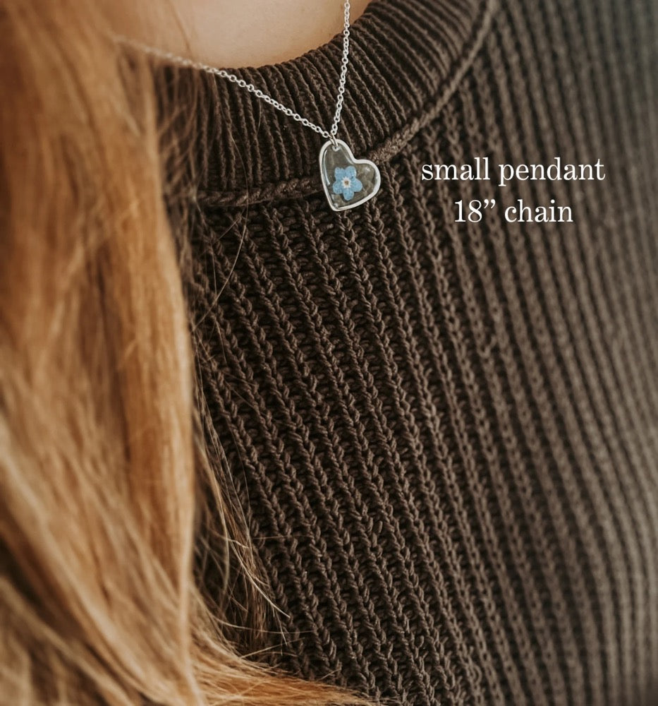 Silver Heart Resin Necklace | Pressed Forget-Me-Not Wildflower Jewelry