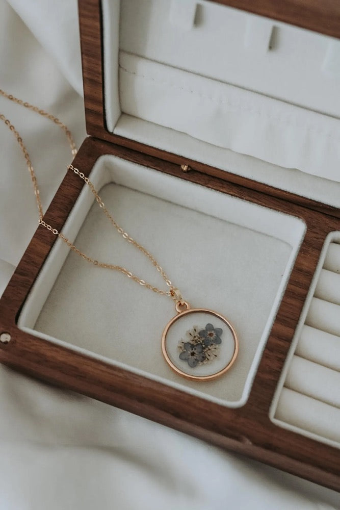 Pressed Wildflower Necklace | Forget-Me-Not & Queen Anne's Lace Resin Pendant