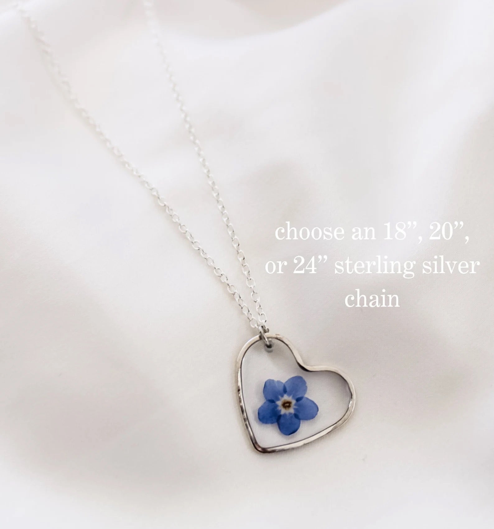 Silver Heart Resin Necklace | Pressed Forget-Me-Not Wildflower Jewelry
