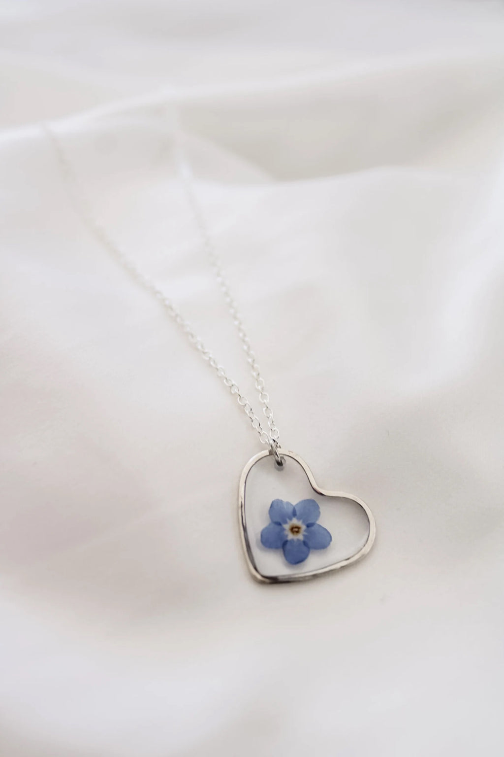 Silver Heart Resin Necklace | Pressed Forget-Me-Not Wildflower Jewelry