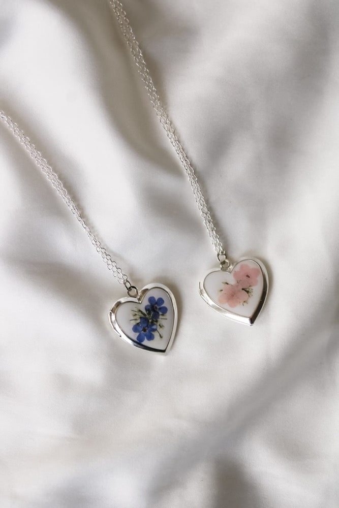 Silver Heart Photo Locket Necklace | Forget-Me-Not Resin Pressed Flower Jewelry