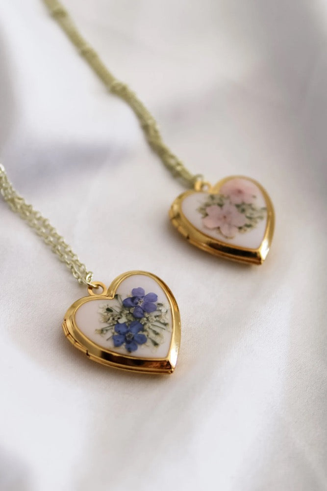 Forget-Me-Not Locket Necklace | Resin Heart, Dried Wildflower Jewelry